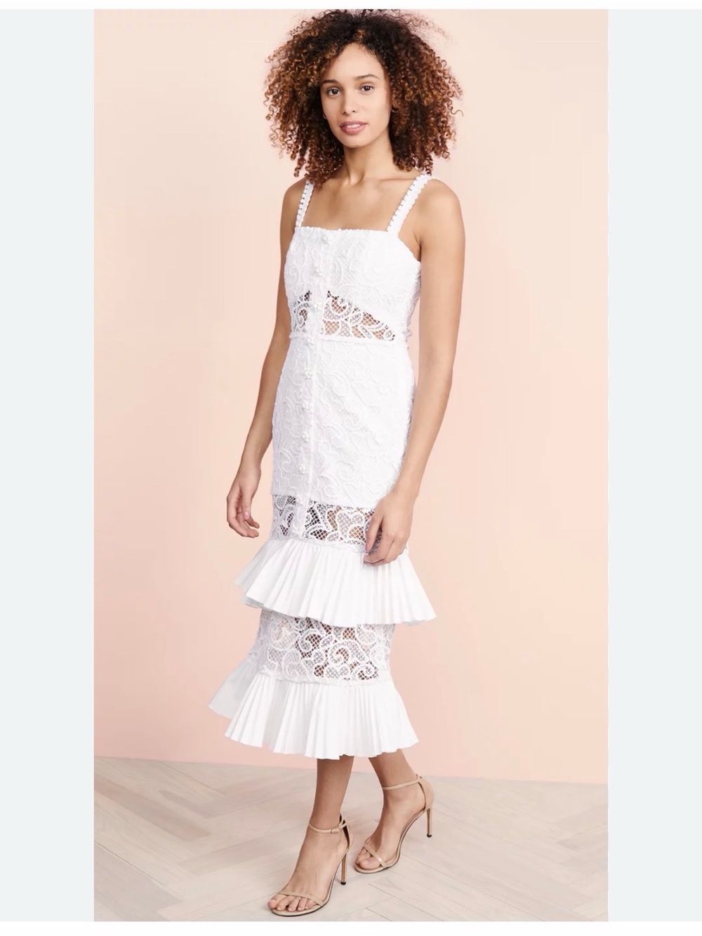 Alexis Lyssa White Lace Midi Dress with Tiered Pleated Ruffles